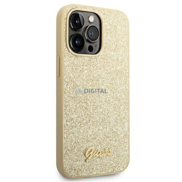 Husă originală GUESS GUHCP14XHGGSHD pentru iPhone 14 PRO MAX (Glitter Flakes Script Metal Logo / auriu)