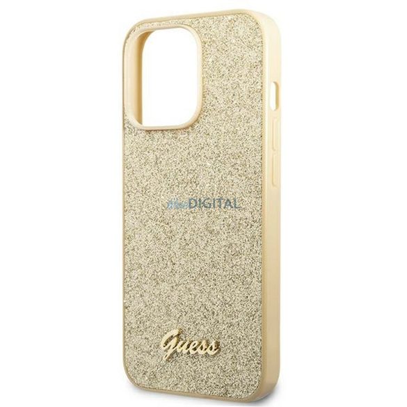 Husă originală GUESS GUHCP14XHGGSHD pentru iPhone 14 PRO MAX (Glitter Flakes Script Metal Logo / auriu)
