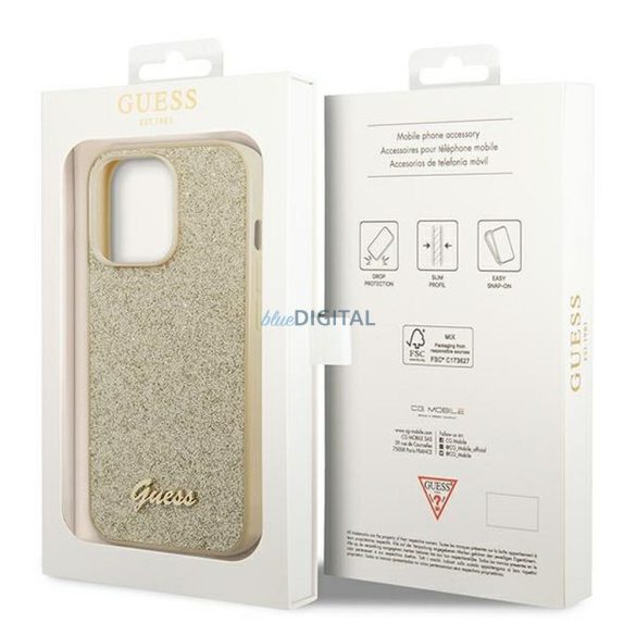 Husă originală GUESS GUHCP14XHGGSHD pentru iPhone 14 PRO MAX (Glitter Flakes Script Metal Logo / auriu)