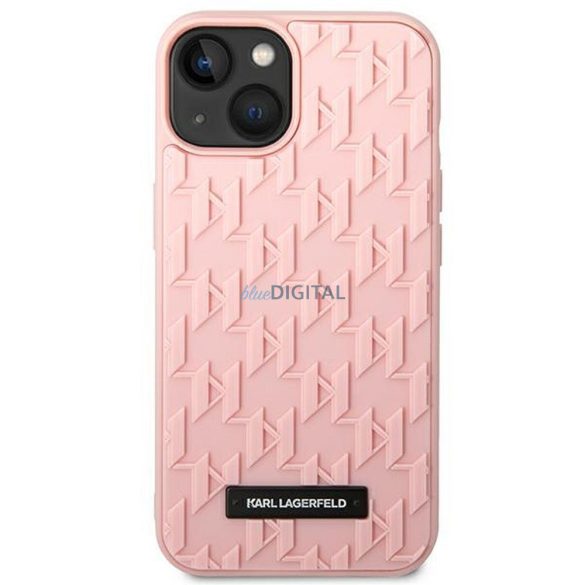 Husă originală KARL LAGERFELD KLHCP14MRUPKLPP pentru iPhone 14 PLUS (carcasă din cauciuc 3D Placă metalică cu model monogramă / roz)