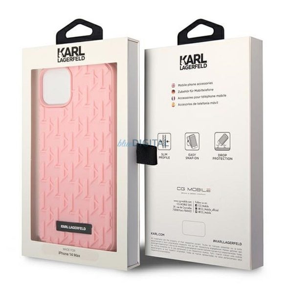 Husă originală KARL LAGERFELD KLHCP14MRUPKLPP pentru iPhone 14 PLUS (carcasă din cauciuc 3D Placă metalică cu model monogramă / roz)