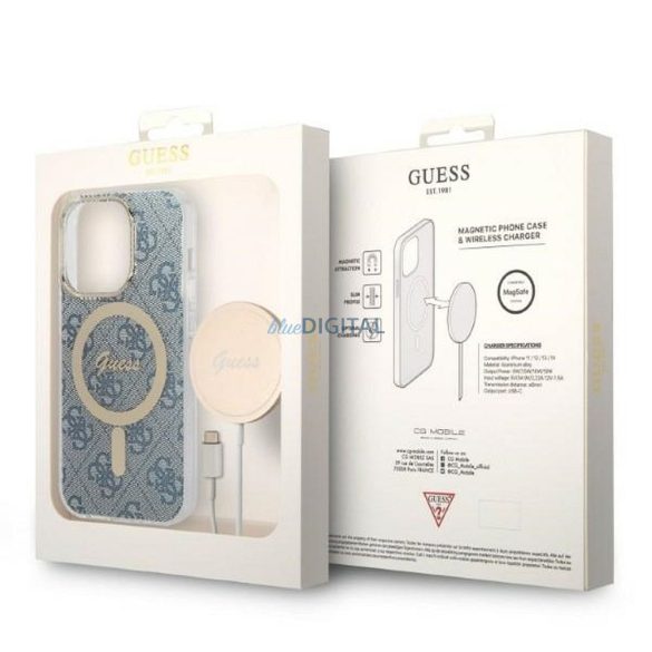 Set original GUESS GUBPP14LH4EACSB pentru iPhone 14 Pro (pachet Magsafe: carcasă + încărcător 4G / Aur - Albastru)