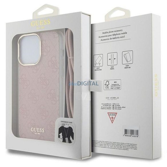 Husă originală GUESS GUHCP15XHC4SEP pentru iPhone 15 Pro Max (Crossbody Cord 4G Print / roz)