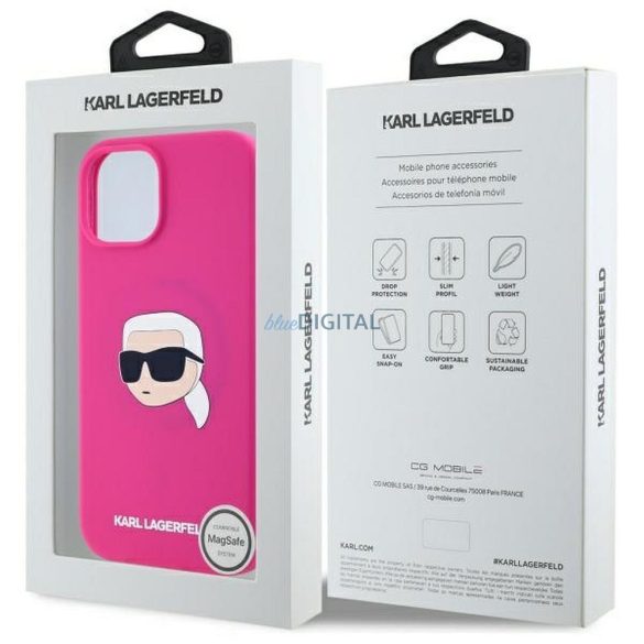 Karl Lagerfeld KLHMP15SSKHPPLF Carcasă din silicon Karl Head compatibilă cu MagSafe pentru iPhone 15 - roz aprins