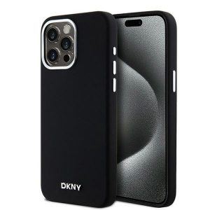 Husă DKNY pentru IPHONE 15 Pro Max compatibilă cu MagSafe DKHMP15XSMCHLK (DKNY HC MagSafe silicon cu sigla metalică orizontală) neagră