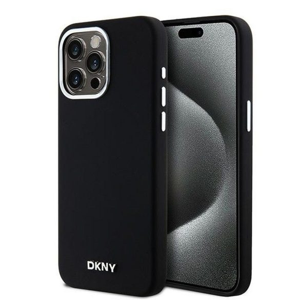 Husă DKNY pentru IPHONE 15 Pro Max compatibilă cu MagSafe DKHMP15XSMCHLK (DKNY HC MagSafe silicon cu sigla metalică orizontală) neagră