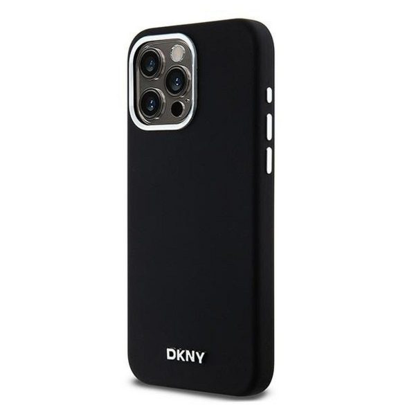 Husă DKNY pentru IPHONE 15 Pro Max compatibilă cu MagSafe DKHMP15XSMCHLK (DKNY HC MagSafe silicon cu sigla metalică orizontală) neagră