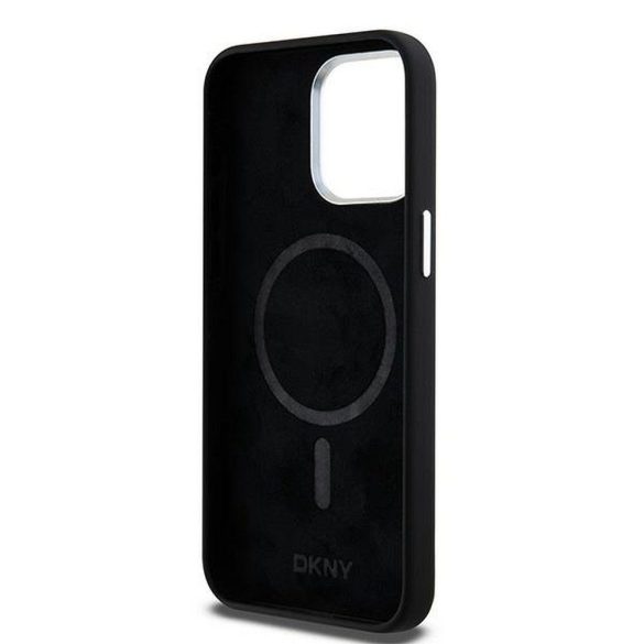 Husă DKNY pentru IPHONE 15 Pro Max compatibilă cu MagSafe DKHMP15XSMCHLK (DKNY HC MagSafe silicon cu sigla metalică orizontală) neagră