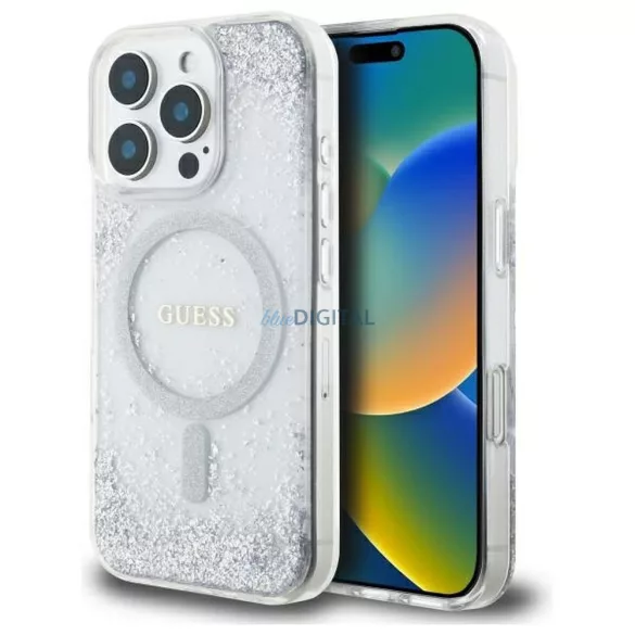 HUSĂ! - Guess GUHMP16LRGRGES Carcasă rezistentă Gradient Glitter compatibilă cu MagSafe pentru iPhone 16 Pro - argintiu