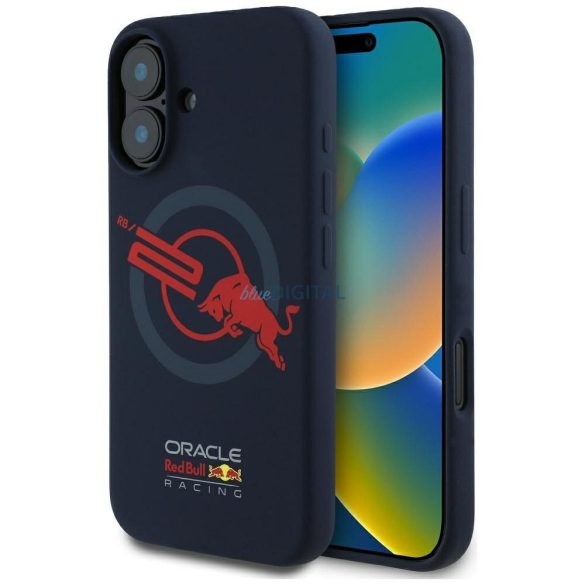 Red Bull RBHMP16S24SIOLVR Silicon ORBR20 Logo Red Lining Caz compatibil MagSafe pentru iPhone 16 - Navy Blue