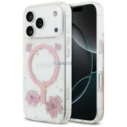   HUSĂ! - GUESS husă IPHONE 17 Pro compatibilă MagSafe GUHMP17LRBFGFGMP (flori de rășină și sclipici) roz
