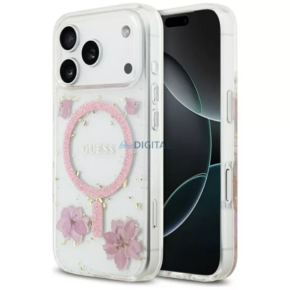 HUSĂ! - GUESS husă IPHONE 17 Pro compatibilă MagSafe GUHMP17LRBFGFGMP (flori de rășină și sclipici) roz