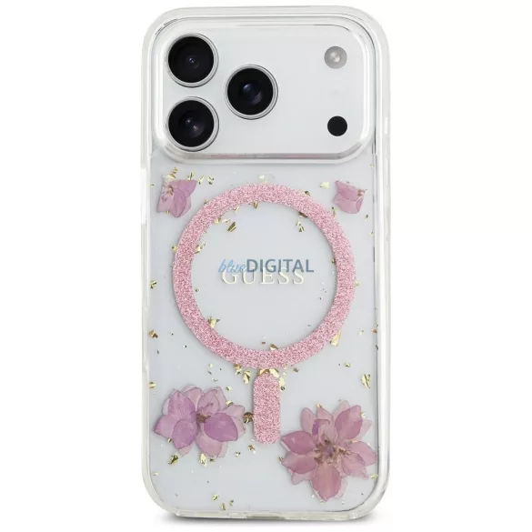 HUSĂ! - GUESS husă IPHONE 17 Pro compatibilă MagSafe GUHMP17LRBFGFGMP (flori de rășină și sclipici) roz