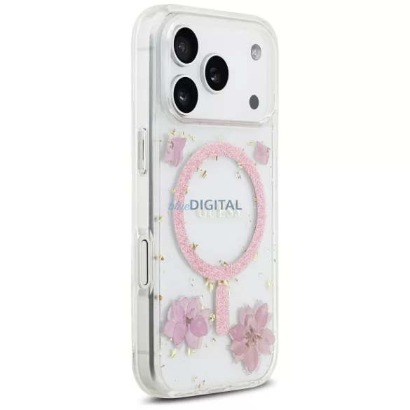 HUSĂ! - GUESS husă IPHONE 17 Pro compatibilă MagSafe GUHMP17LRBFGFGMP (flori de rășină și sclipici) roz