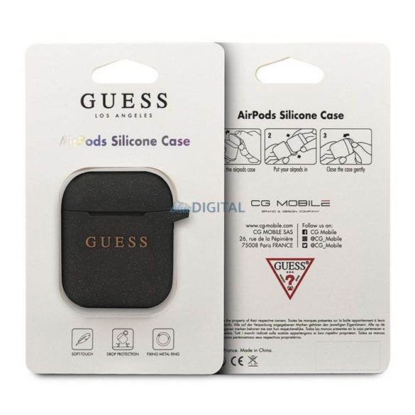 Guess GUACCSILGLBK Silicon Glitter caz AirPods 1/2 - negru
