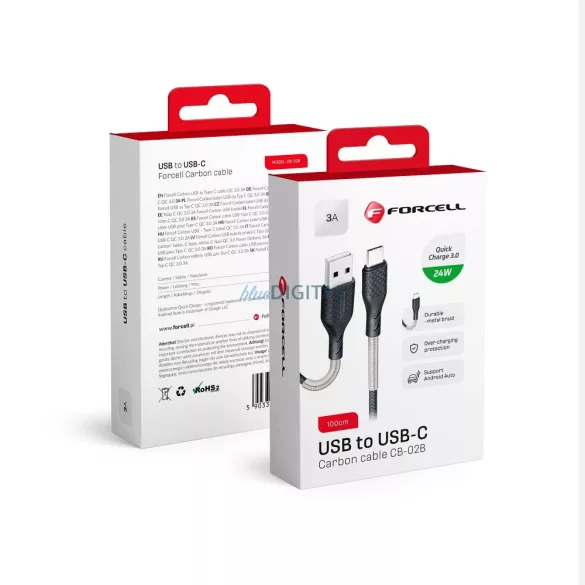 Cablu carbon FORCELL USB la tip C QC3.0 3A CB-02B negru 1 metru