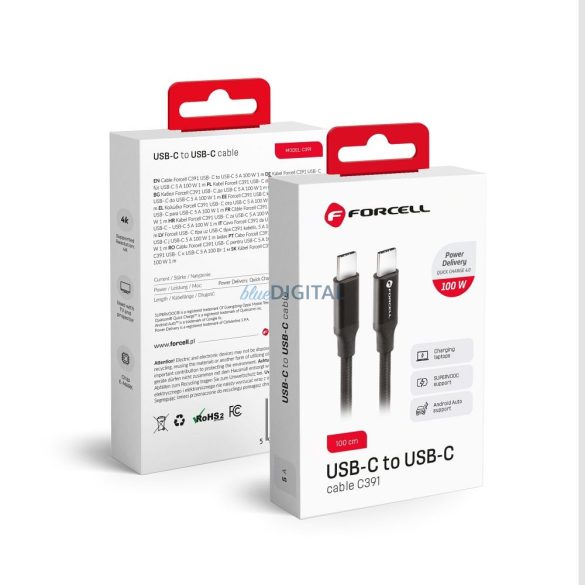 FORCELL cablu Tip C do Tip C QC4.0 5A/20V PD100W E-mark / 4K / Thunderbolt / 20Gbit/s C391 1m negru