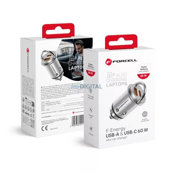 Încărcător auto FORCELL F-Energy Mini Tip C PD60W + USB QC3.0