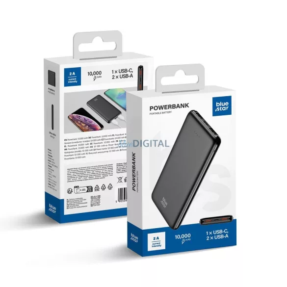 Blue Star W1086 powerbank cu conexiune 2xUSB-A + cablu USB-A - Type-C 30 cm 10000mAh 2A - negru