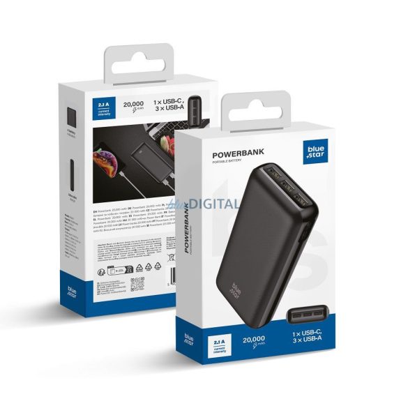 Blue Star W2027 powerbank cu conexiune 2xUSB-A și 1xUSB-C + cablu USB-A - Type-C 30 cm 20000mAh 2.1A - negru
