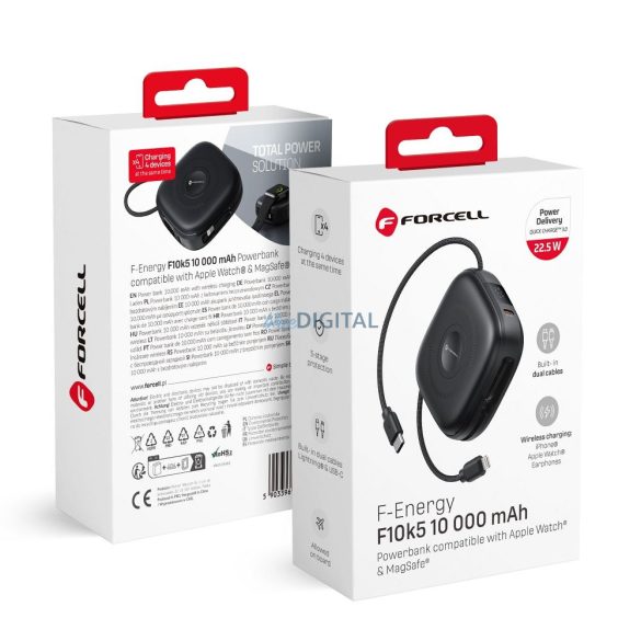 Forcell F10K5 F-Energy powerbank cu inducție cu conexiune 1xUSB-C, built-in Type-C și cablu Lightning 10000mAh 3A PD QC3.0 - negru