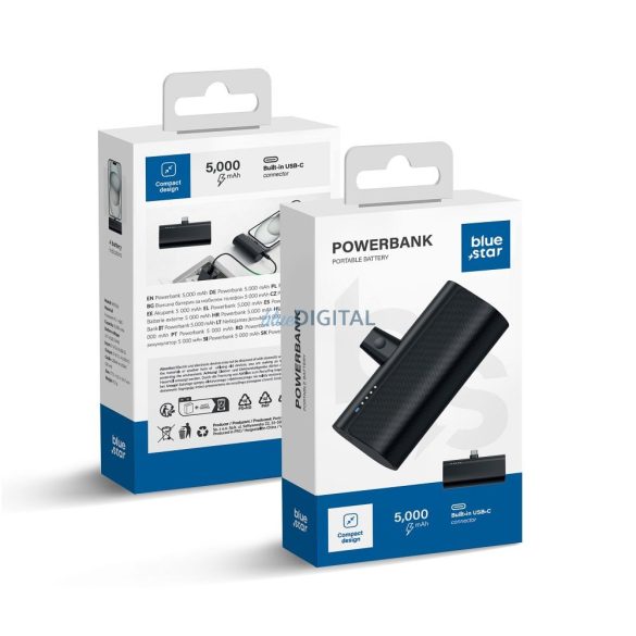 Blue Star W0556 PlugOn powerbank cu conector Type-C încorporat 5000mAh 2.1A - negru