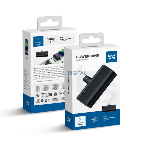 Blue Star W0556P PlugOn powerbank cu conector Lightning încorporat 5000mAh 2.1A - negru