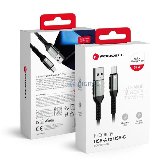 Forcell C256 F-ENERGY USB-A - Tip-C cablu 66W 3A QC3.0 2m - negru