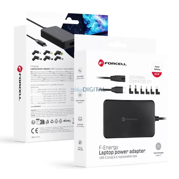 FORCELL F-ENERGY E856 uniwersal laptop töltő 65W USB C + 6 adaptors - fekete