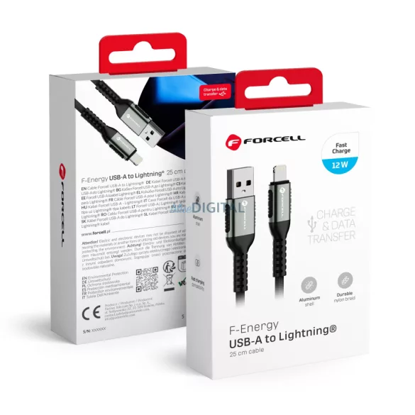 FORCELL F-ENERGY C257 USB-A - Lightning 2.4A 12W Cafule cablu 0.25 m negru