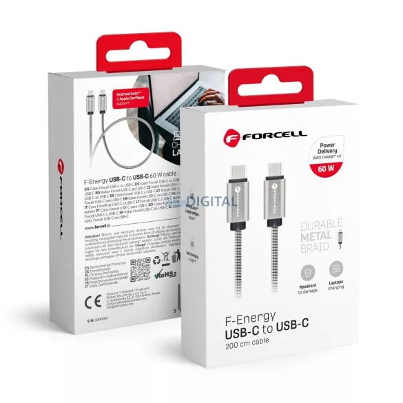 FORCELL F-ENERGY Metal C237 cablu Type-C Type-C PD QC4.0 3A 60W 2 m argintiu