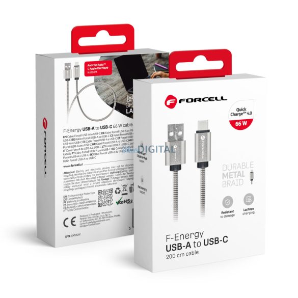 FORCELL F-ENERGY Metal C234 cablu USB-A Type-C QC4.0A 3A 66W 2 m argintiu