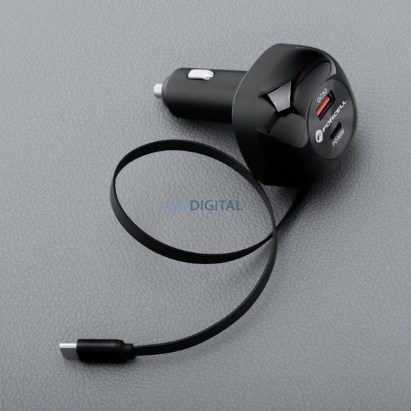 FORCELL F-ENERGY Încărcător auto din aluminiu cu cablu retractabil tip C și tip C + mufă USB-A PD QC4.0 SFC2.0 3A 75W negru