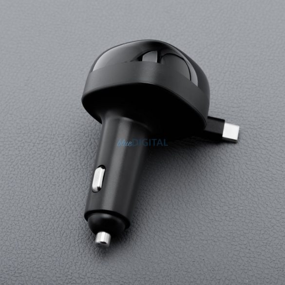 FORCELL F-ENERGY Încărcător auto din aluminiu cu cablu retractabil tip C și tip C + mufă USB-A PD QC4.0 SFC2.0 3A 75W negru