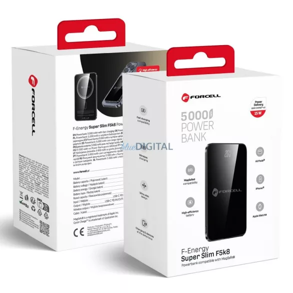 FORCELL F-ENERGY F5K8 Powerbank Super Slim compatibil cu MagSafe PD3.0 QC4.0 15W 5000 mAh negru