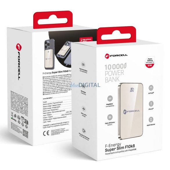 FORCELL F-ENERGY F10K8 Powerbank Super Slim compatibil cu MagSafe PD3.0 QC4.0 15W 10000 mAh în bej