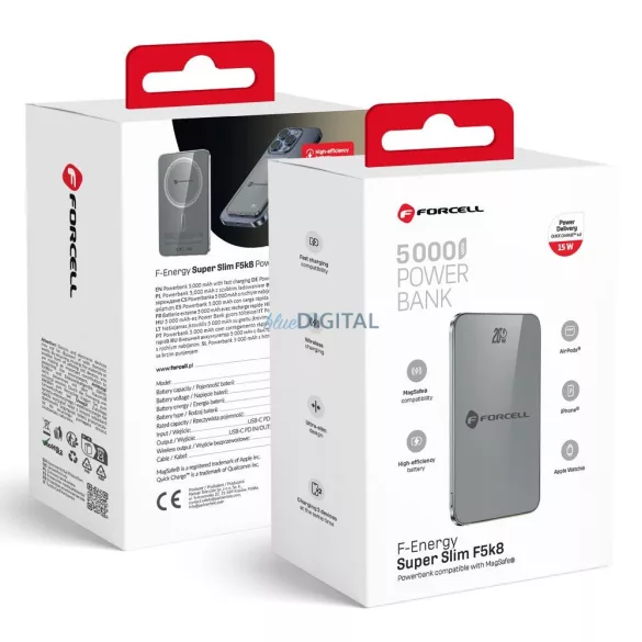 FORCELL F-ENERGY F5K8 Powerbank Super Slim compatibil cu MagSafe PD3.0 QC4.0 15W 5000 mAh gri