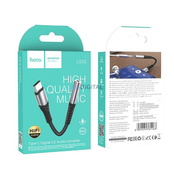 HOCO adaptor AUX Jack 3,5 mm (feminin) USB C (masculin) LS33 gri metalic