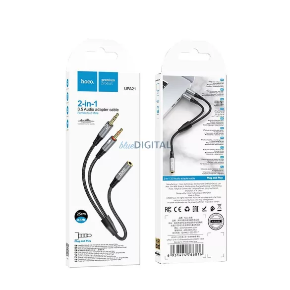 HOCO UPA21 Cablu AUX 2in1 3.5mm jack (femelă) - 2 x 3.5mm jack (mascul) 0.25m - gri metalic
