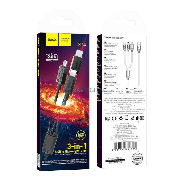 Hoco X76 Cablu USB-A - Type-C/Lightning/micro USB 2A 1m - negru