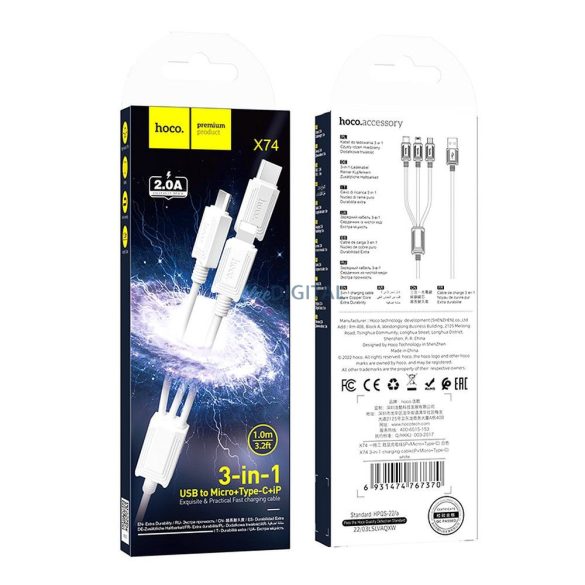 Hoco X76 Cablu USB-A - Type-C/Lightning/micro USB 2A 1m - alb