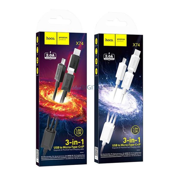 Hoco X76 Cablu USB-A - Type-C/Lightning/micro USB 2A 1m - alb