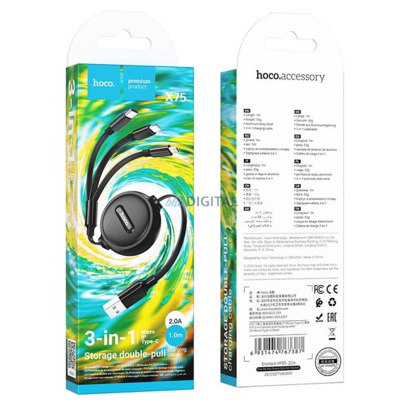Cablu HOCO USB 3in1 la iPhone Lightning 8-pini + Micro + Type C X75 negru