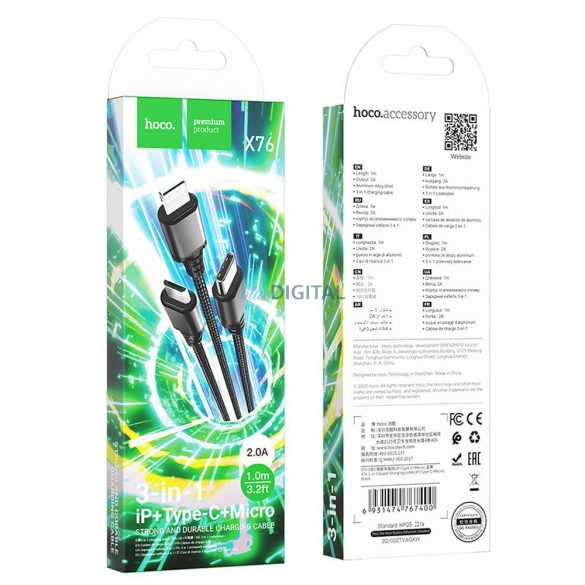 Cablu HOCO USB 3in1 la iPhone Lightning 8-pini + Micro + Type C X76 negru