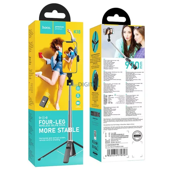 HOCO selfie stick fourpod cu telecomandă bluetooth Wave K18 negru