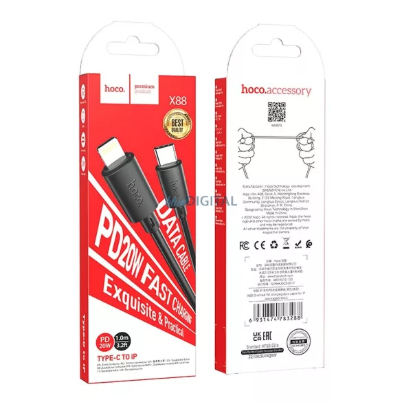 Cablu HOCO tip C la iPhone Lightning cu 8 pini Power Delivery 20W Gratified X88 negru