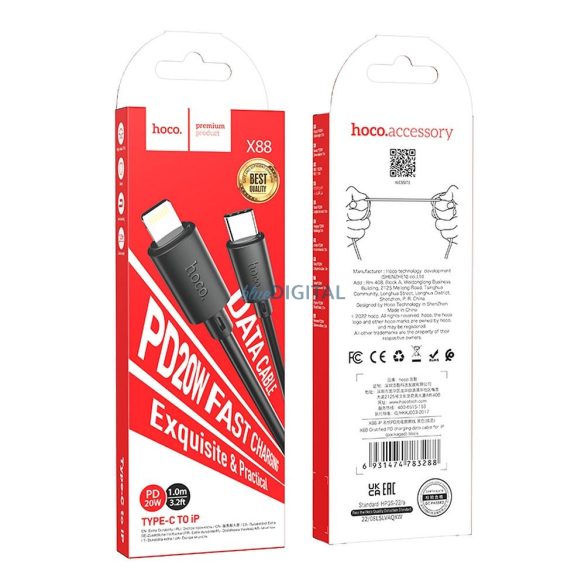 Cablu HOCO tip C la iPhone Lightning cu 8 pini Power Delivery 20W Gratified X88 negru