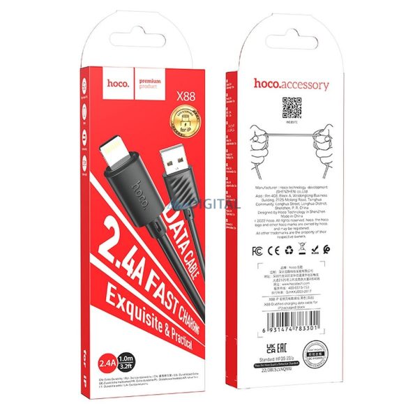 HOCO cablu USB la iPhone Lightning 8 pini 2,4A Gratified X88 negru