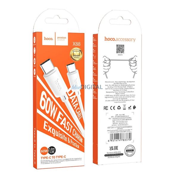 Cablu HOCO Tip C la Tip C Power Delivery 60W Gratified X88 alb