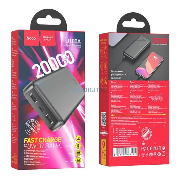 Hoco J100A powerbank cu conexiune 2xUSB-A 20000mAh 2.1A - negru
